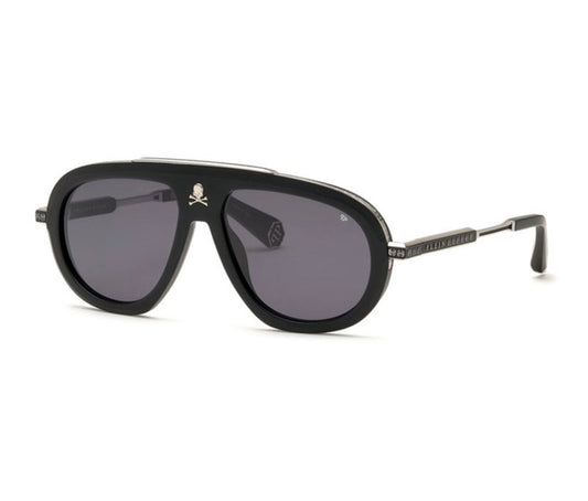 Philipp Plein SPP151W 0703 Aviator Sunglasses – Matte Black & Silver (57mm)