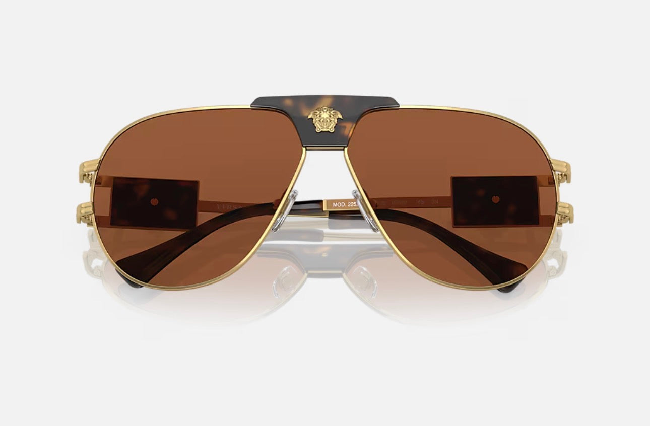 Versace VE2252 Gold Aviator Sunglasses with Dark Brown Lenses – 63mm