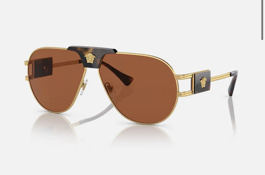 Versace VE2252 Gold Aviator Sunglasses with Dark Brown Lenses – 63mm