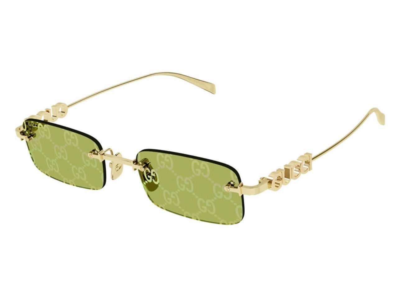 Gucci GG1808S 002 Rectangle Sunglasses – Gold Frame with Green GG Mirror Lenses (52mm)