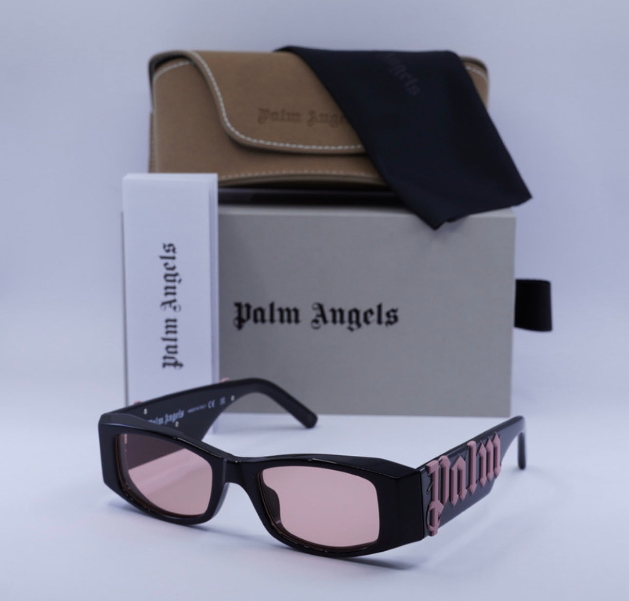 Palm Angels PERI007ANGEL 1021 Rectangle Sunglasses – Black with Pink Logo 51mm